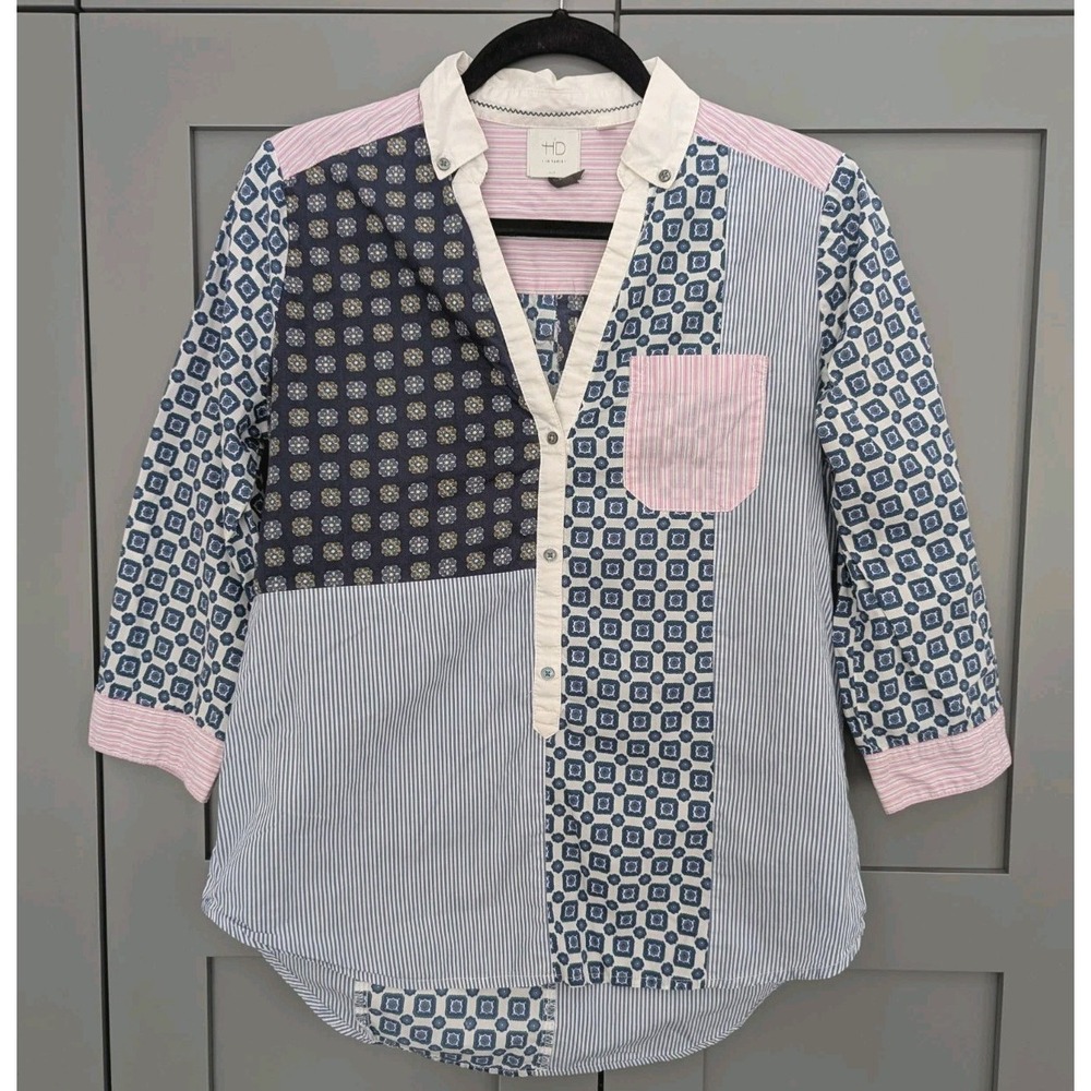 Anthropologie HD in Paris 3/4 sleeve multicolor patchwork blouse Sz 4 100%Cotton